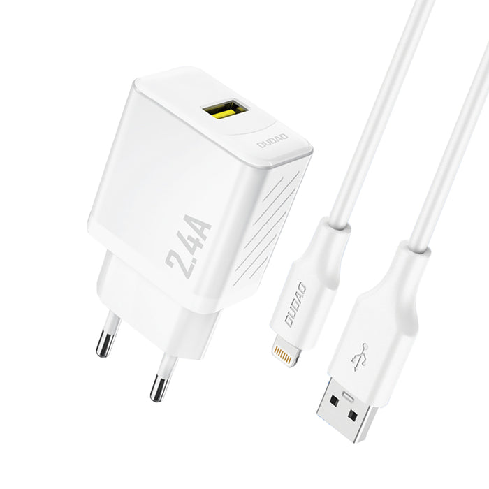Зарядно за стена Dudao A23LEU 2.4A GaN EU USB-A с USB-A към Lightning кабел - бяло