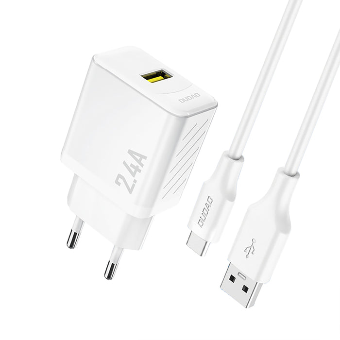 Зарядно за стена Dudao A23TEU 2.4A GaN USB-A с USB-A - USB-C кабел - бяло