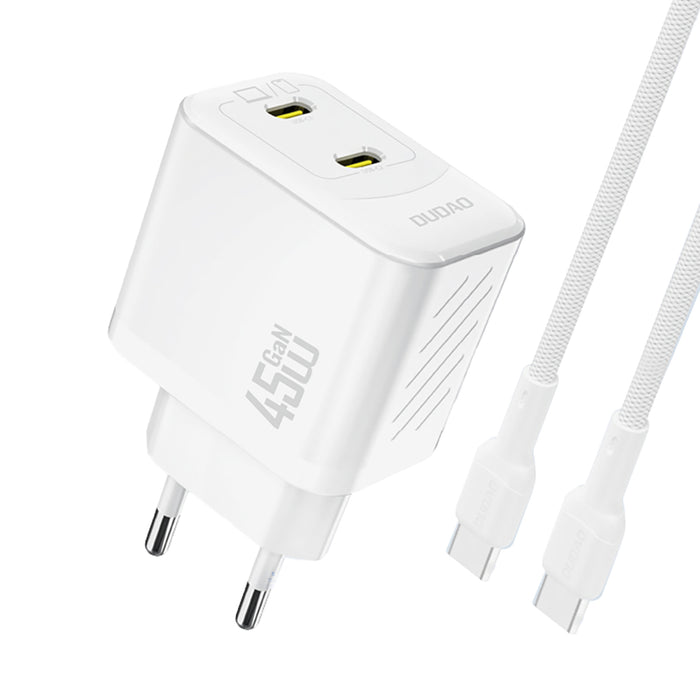 Зарядно за стена Dudao A28PCEU PD 45W GaN 2xUSB-C с USB-C кабел - бяло