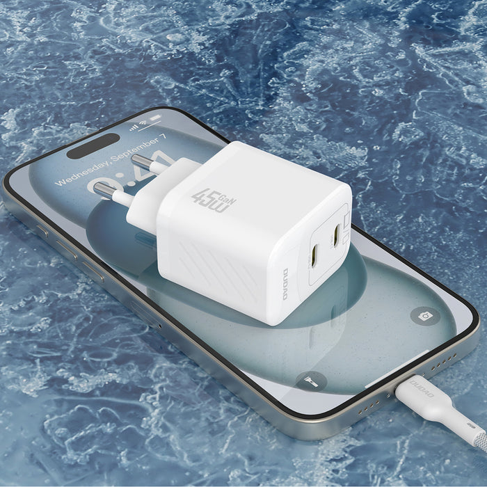 Зарядно за стена Dudao A28PCEU PD 45W GaN 2xUSB-C с USB-C кабел - бяло