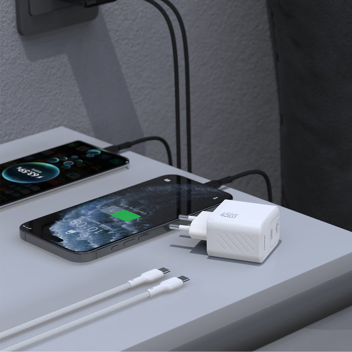 Зарядно за стена Dudao A28PCEU PD 45W GaN 2xUSB-C с USB-C кабел - бяло