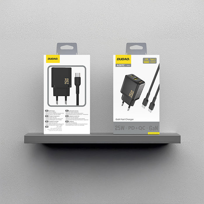 Зарядно за стена Dudao A26TCEU PD QC 25W GaN USB-A USB-C с USB-C кабел - черно