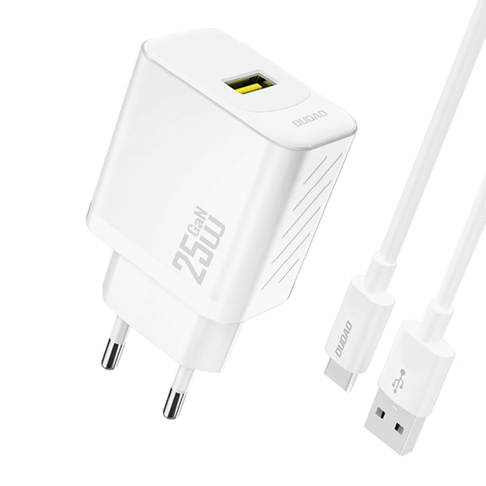 Dudao A27STEU 25W GaN USB-A зарядно за стена с USB-A - USB-C кабел - бяло