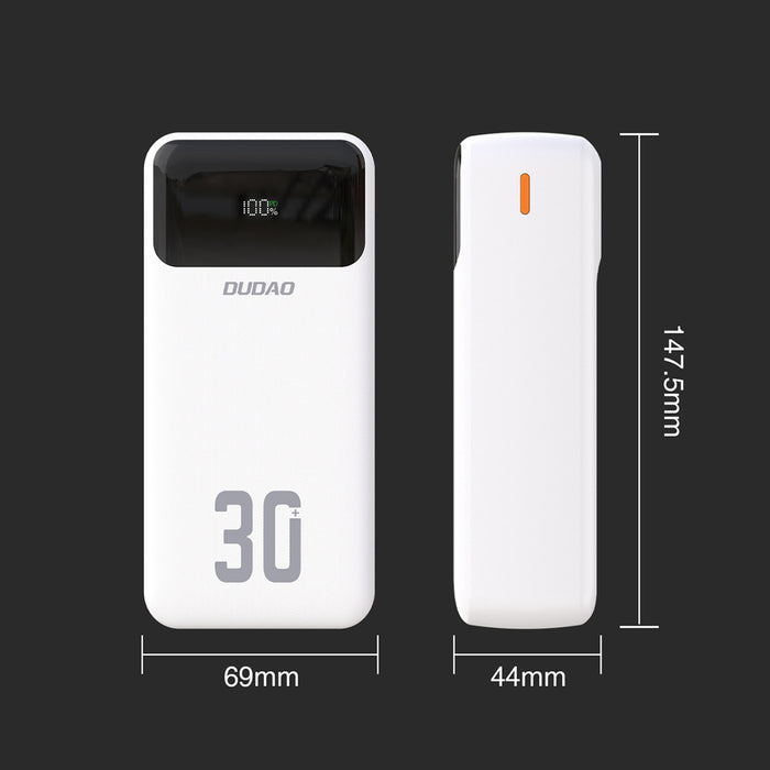 Външна батерия Dudao K15Max 30000mAh PD 22.5W с USB-C и Lightning кабели - бяла