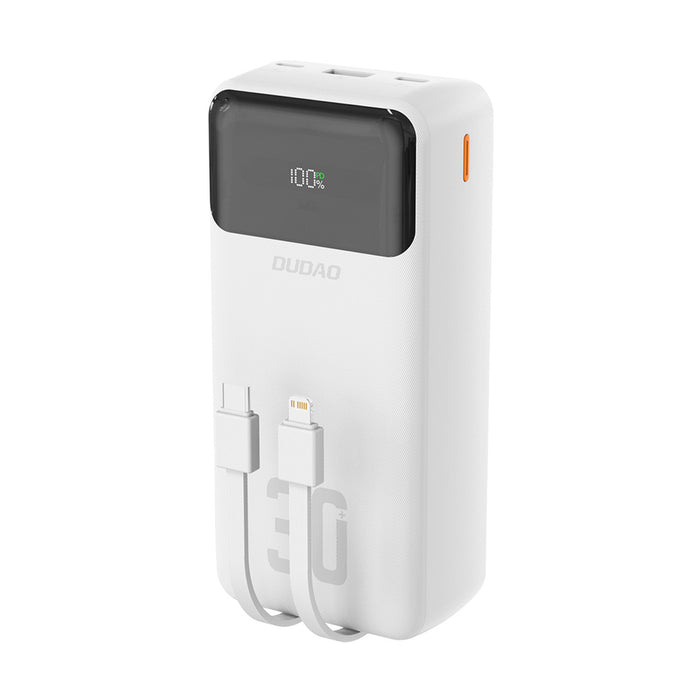 Външна батерия Dudao K15Max 30000mAh PD 22.5W с USB-C и Lightning кабели - бяла