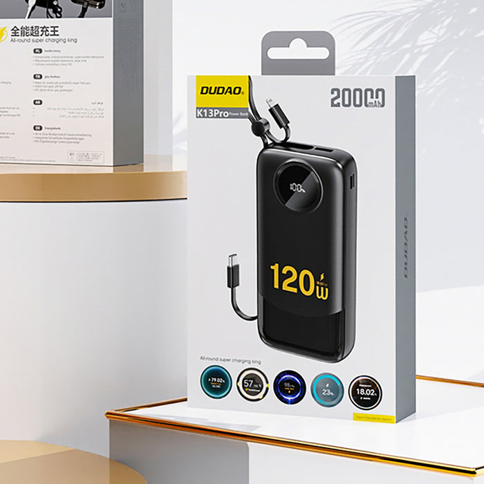 Dudao K13 10000mAh външна батерия с вграден кабел - черна
