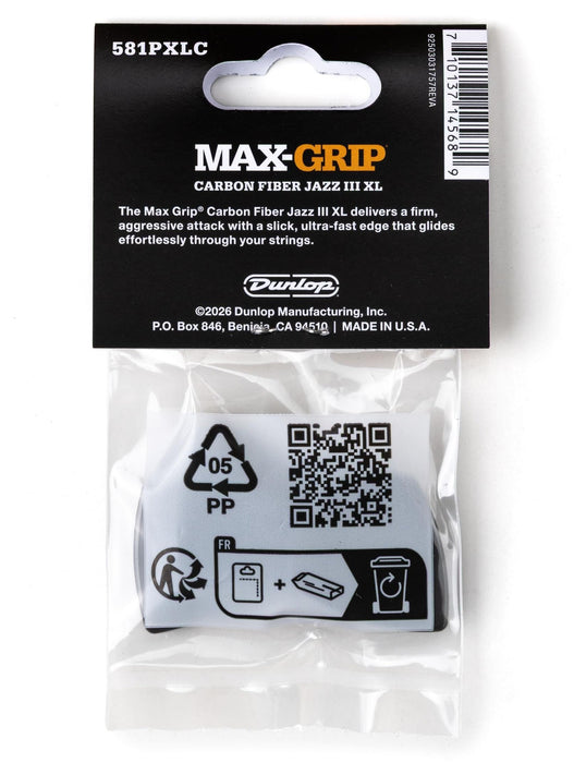 Перца за китара Dunlop - Max-Grip Jazz III XL, Carbon Fiber, 1.38 mm, 6 броя