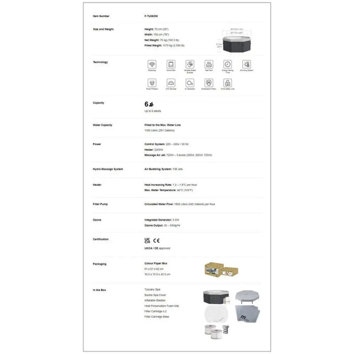 ДЖАКУЗИ С ТВЪРДИ СТЕНИ Ф193Х73CM MSPA TUSCANY