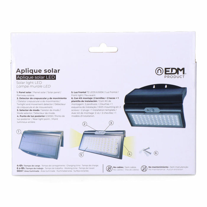 Аплик за стена EDM 31849 Черен 6 W 430 Lm 6500 lm Сензор за Движение Слънчев (6500 K)