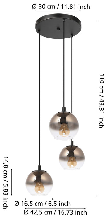 Пендел Eglo - Ariscani 1, 3xE27, Ø42.5 cm, H-1100, черен/опушено медно стъкло
