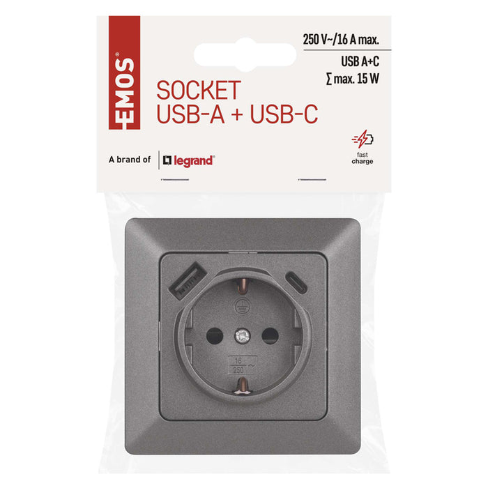 КОНТАКТ С USB-A+C 3.0A АНТРАЦИТ EMOS