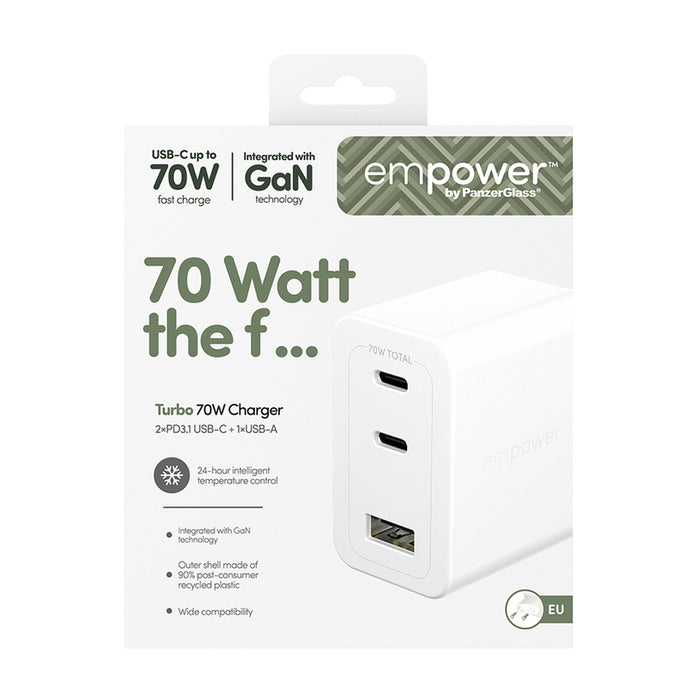ЗАРЯДНО 220V EMPOWER 70W 2xUSB-C+A WH