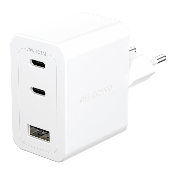 ЗАРЯДНО 220V EMPOWER 70W 2xUSB-C+A WH