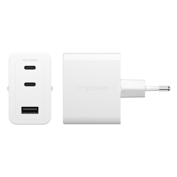 ЗАРЯДНО 220V EMPOWER 70W 2xUSB-C+A WH