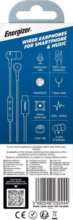 СЛУШАЛКИ ENERGIZER 3.5ММ С АДАПТОР USB C