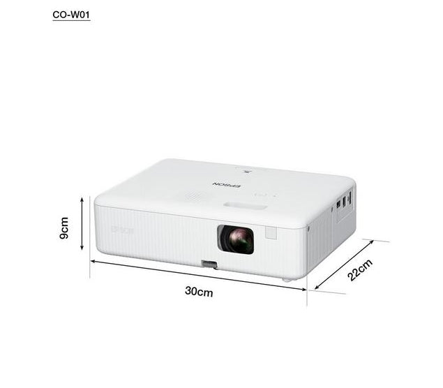 Epson CO-W01, WXGA (1024 x 768, 16:10), 3 000 ANSI лумена, 15 000:1, VGA, HDMI, USB, 24 месеца, Лампа: 12 месеца или 1 000 часа, Бял + Универсална скоба за таванно проектори Sunne, макс. 20 кг, удължение