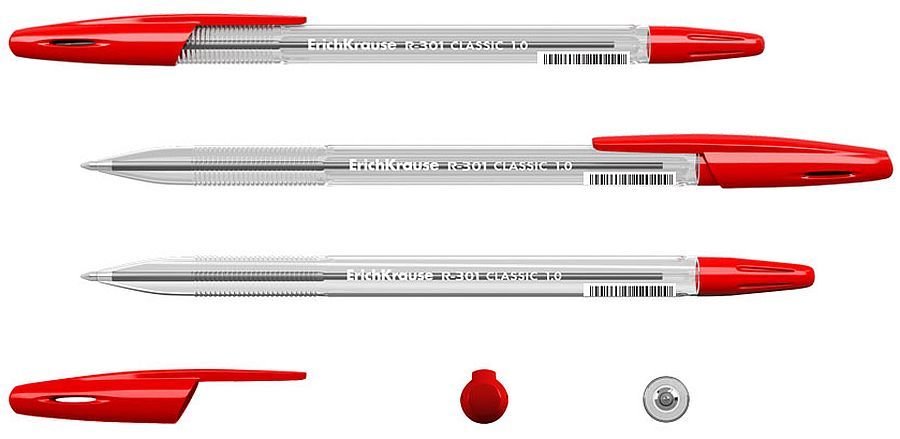 Химикалка Erich Krause R-301 Classic - 1.00 mm, червена