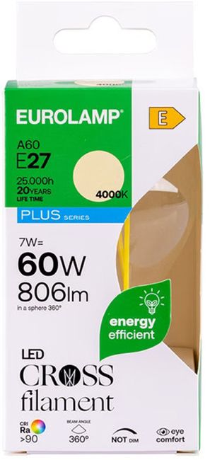 LED крушка Eurolamp - Plus, A60, 7W, E27, 4000K, 806 lm, филамент