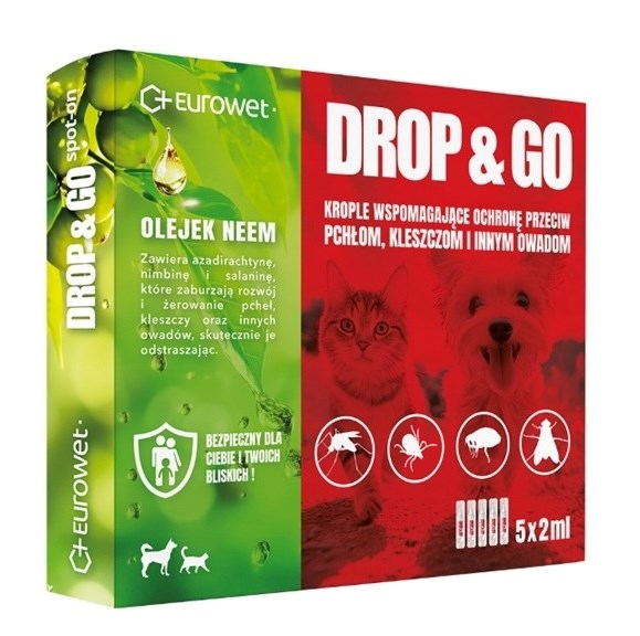 EUROWET Drop&Go Spot-on – капки против бълхи и кърлежи за кучета и котки – 5x2 мл