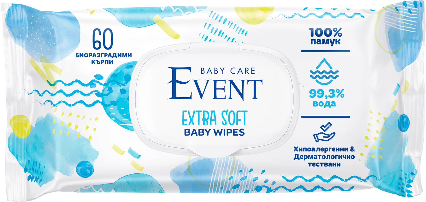 Влажни бебешки кърпи Extra Soft с 99% вода, 60 бр
