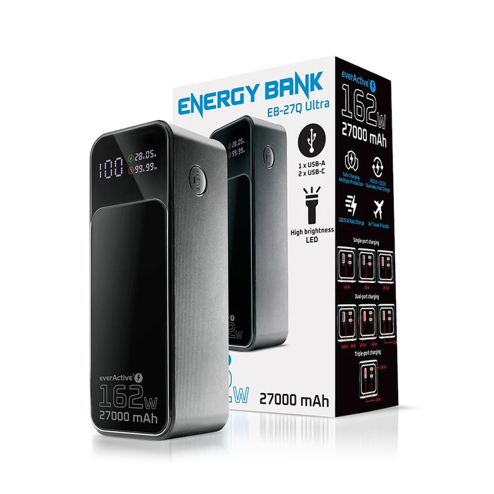 Външна батерия 27 000mAh, 1x USB, 2x USB-C, 162,5W, QC4+, фенерче, LCD екран, черна