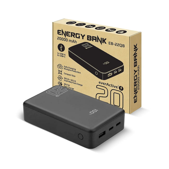 Външна батерия 20 000mAh, 1x USB, 2x USB-C, 20W, QC4+, LCD екран, черна