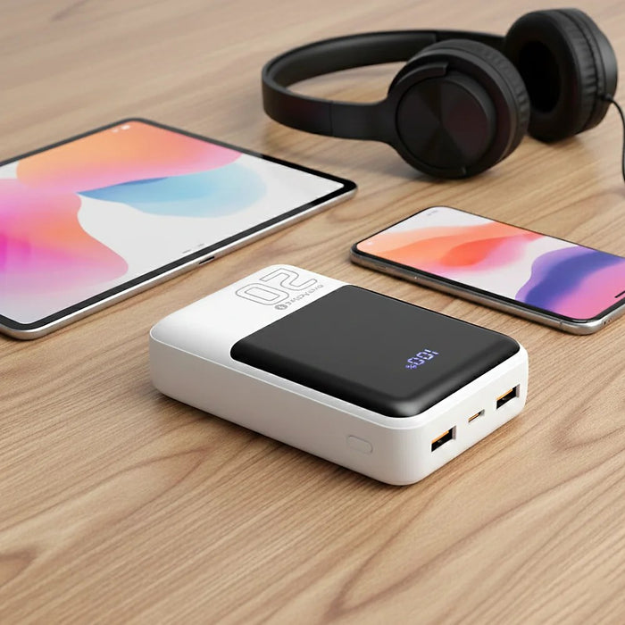 Външна батерия 20 000mAh, 2x USB, 1x USB-C 22,5W, QC4+, LCD екран, бяла