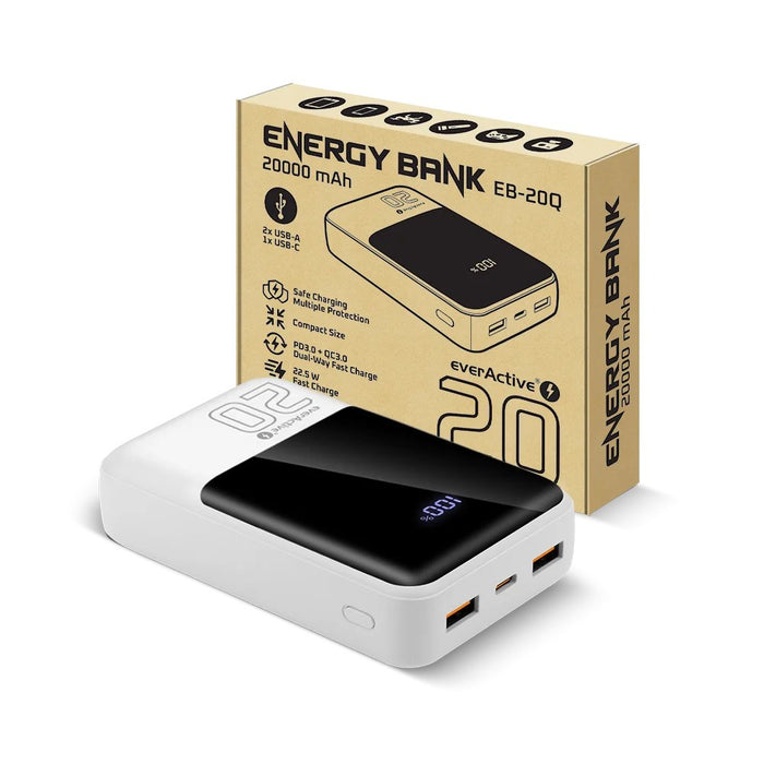 Външна батерия 20 000mAh, 2x USB, 1x USB-C 22,5W, QC4+, LCD екран, бяла