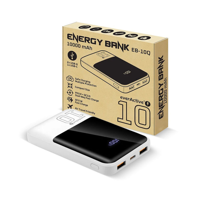 Външна батерия 10 000mAh, 2x USB, 1x USB-C 22,5W, QC4+, LCD екран, бяла