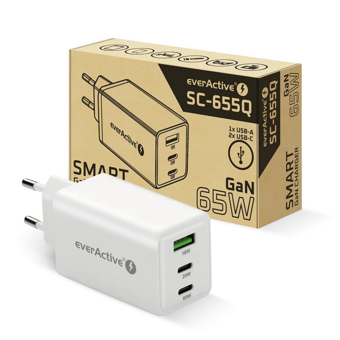 Зарядно устройство GaN 1 x USB, 2 x USB-C Бързо зареждане 4+ 65W бяло