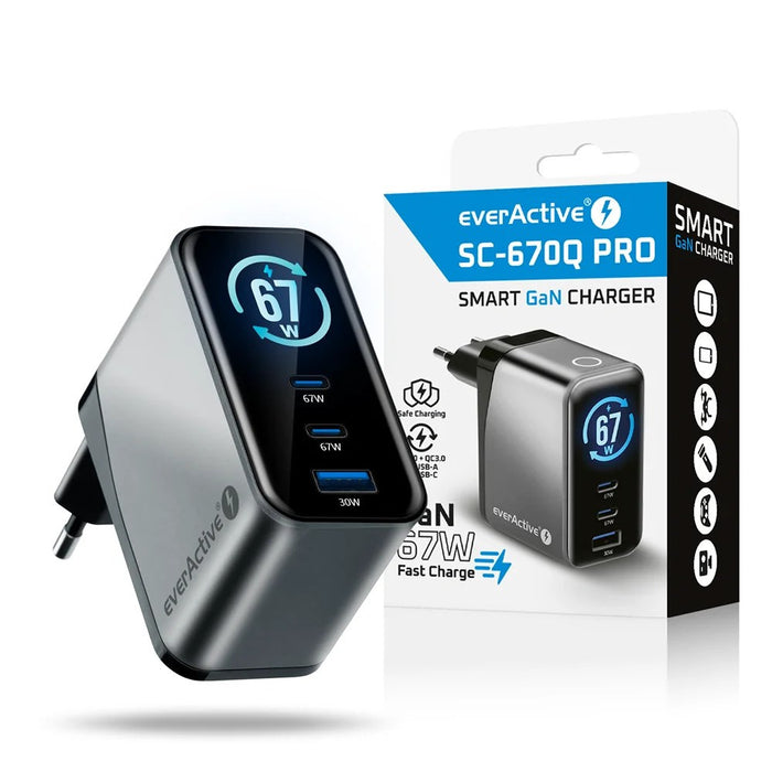Зарядно GaN 1 x USB, 2 x USB-C Бързо зареждане 4+ 67W черно