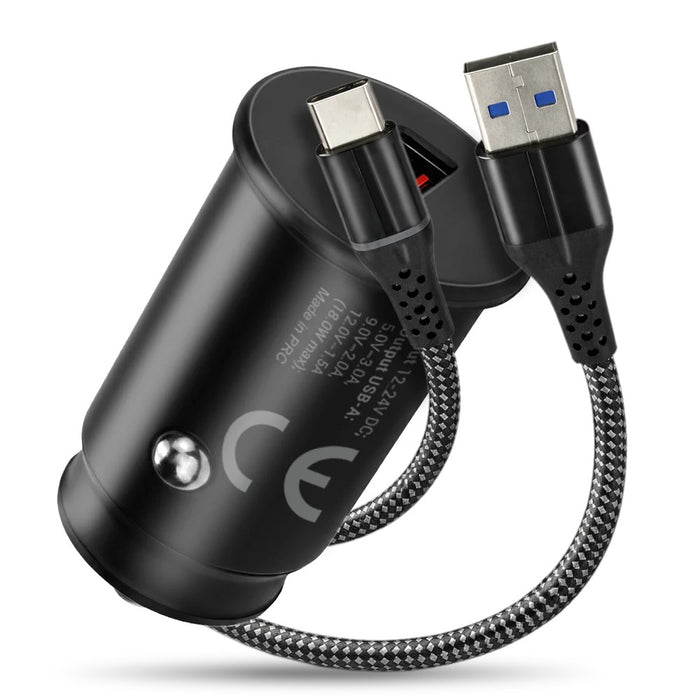 Зарядно за кола 1 X USB QC3.0 18W черно + кабел USB-C 1m