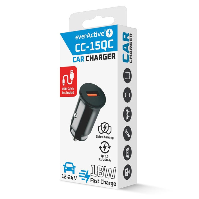 Зарядно за кола 1 X USB QC3.0 18W черно + кабел USB-C 1m