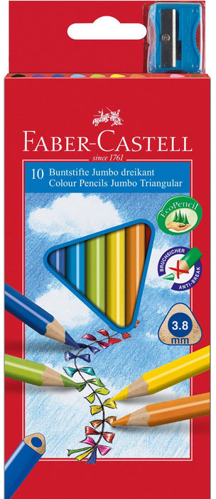 Триъгълни цветни джъмбо моливи Faber-Castell - 10 цвята, с острилка