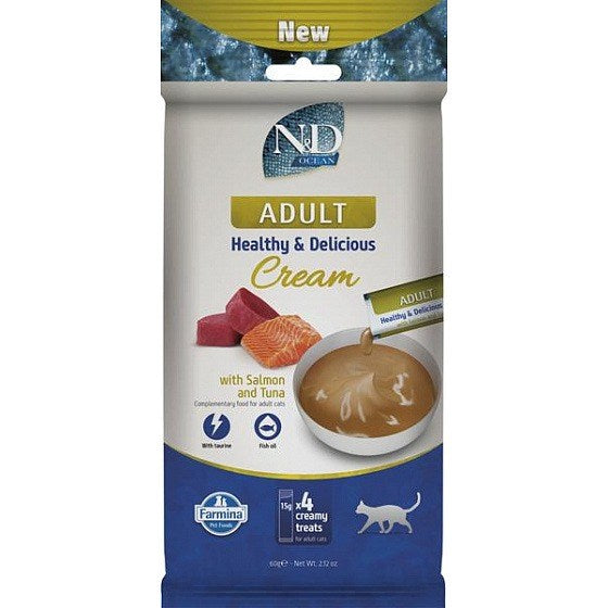 FARMINA N&D Ocean Cat Cream със сьомга и риба тон за възрастни котки – лакомство за възрастни котки – 4x15 г