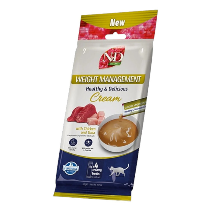 FARMINA N&D Quinoa Cat Weight Management Cream с пилешко и риба тон – лакомство за котки – 4x15 г