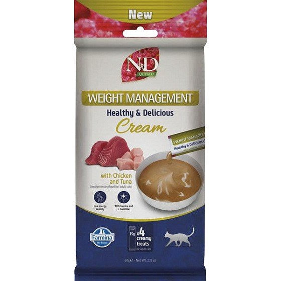 FARMINA N&D Quinoa Cat Weight Management Cream с пилешко и риба тон – лакомство за котки – 4x15 г