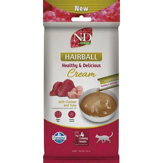 FARMINA N&D Quinoa Cat Hairball Cream с пилешко месо и риба тон – лакомство за котки – 4x15 г