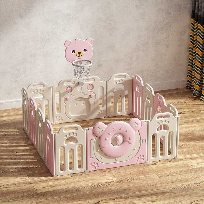 Бебешка ограда Feelkids - Розово мече, с баскетболен кош, 123 x 163 cm