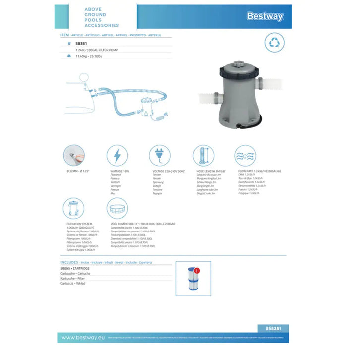 ФИЛТЪРНА ПОМПА ЗА БАСЕЙН 1249L/H BESTWAY 58381