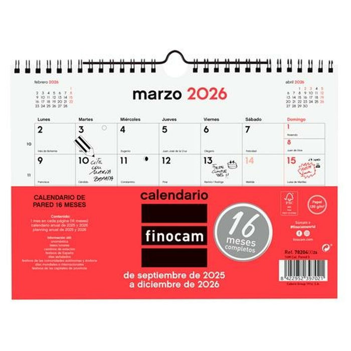 Стенен календар Finocam хартия 2025-2026 21 x 15 cm