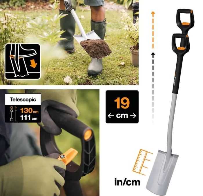 Телескопична заоблена лопата Fiskars - Xact, 110.8-130 cm