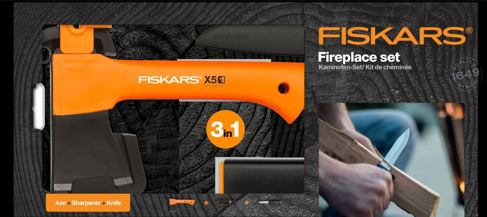 Къмпинг сет Fiskars - Брадва XXS_X5 + Универсален нож K40 + Точило за брадви и ножове Xsharp