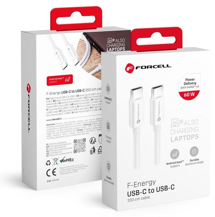 Кабел Forcell - F-Energy C338, USB-C/USB-C, 60W, 2m, бял