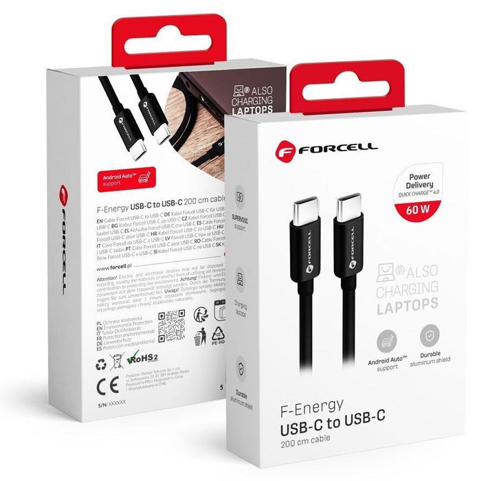 Кабел Forcell - F-Energy C338, USB-C/USB-C, 60W, 2m, черен