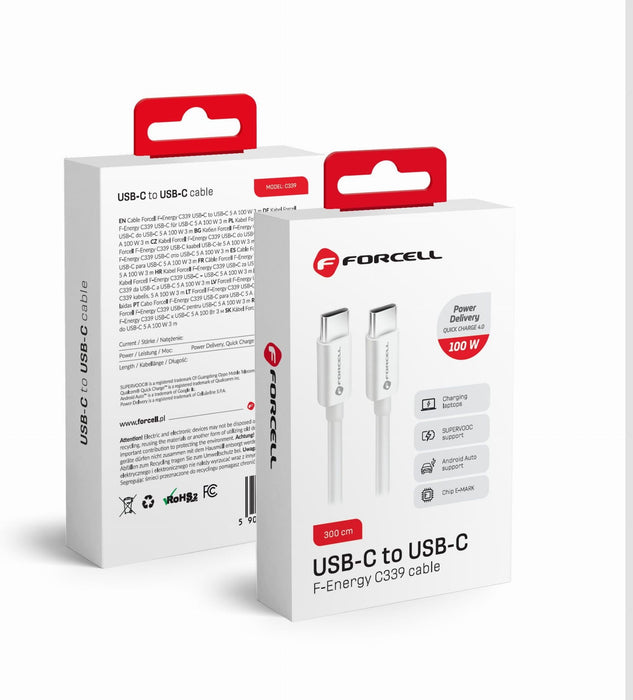 Кабел Forcell - F-Energy C339, USB-C/USB-C, 100W, 2m, бял