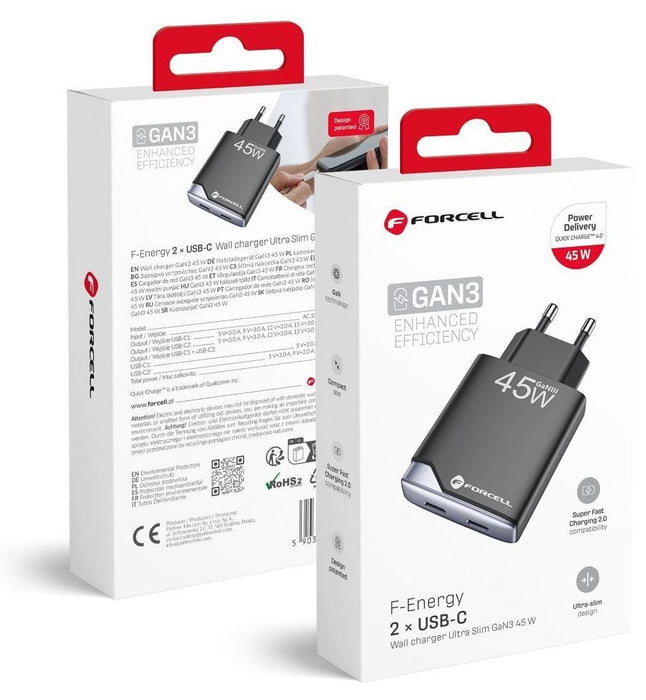 Зарядно устройство Forcell - F-Energy, B245201(2C), 45W, GaN III, черно