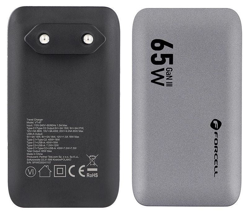 Зарядно устройство Forcell - F-Energy, VT-47, 65W, GaN III, сиво