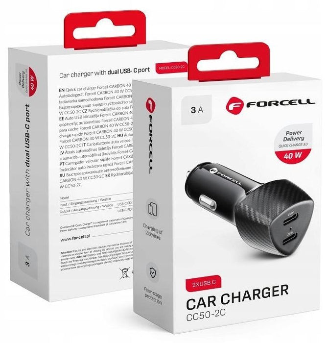 Зарядно за кола Forcell – Carbon, CC50-2C, 40W, 2x USB-C, черно