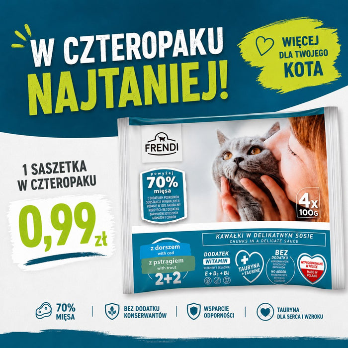 FRENDI Треска и пъстърва в сос кутия – мокра храна за котки – 4x100 г